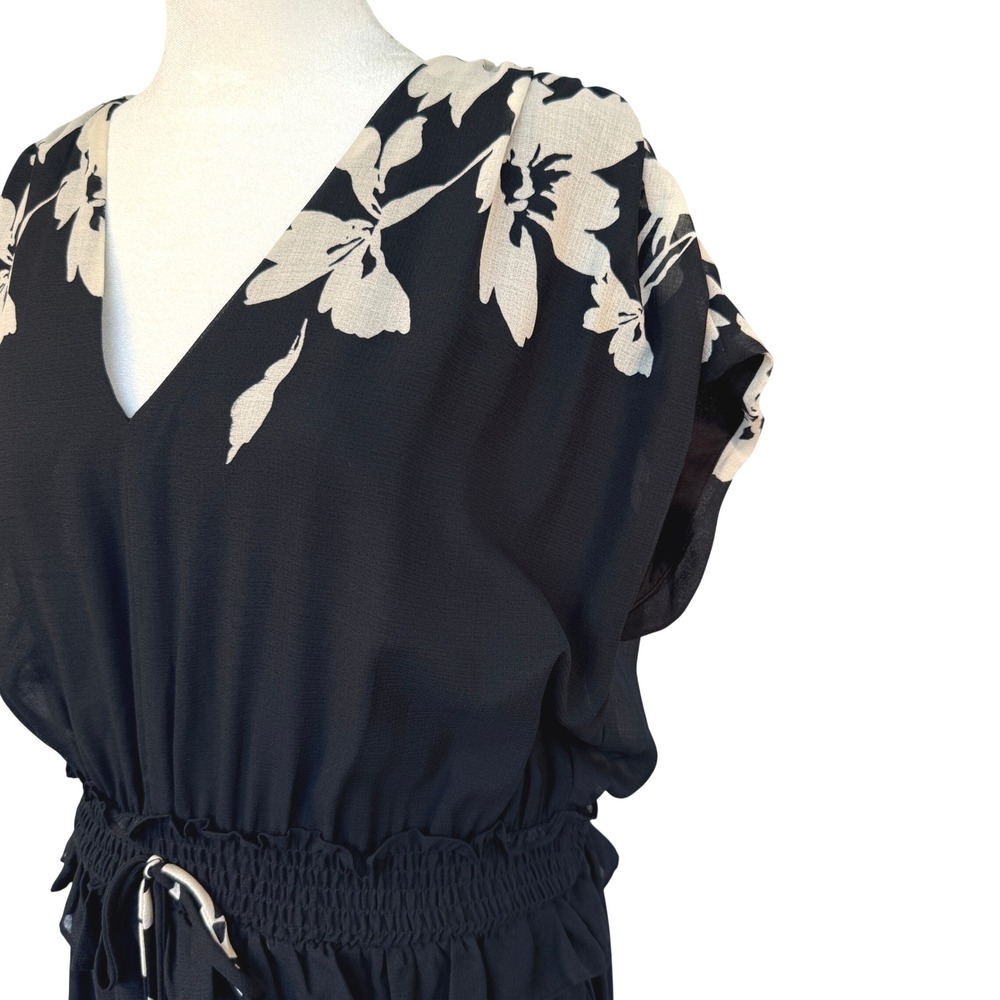 Taylor Womens Black Cream Floral V-Neck Smocked Waist Maxi Dress Cap Sleeve - Picture 5 of 9